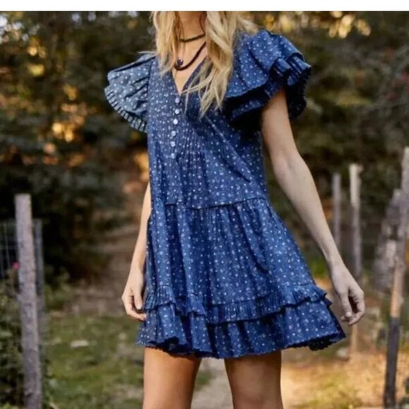 HUNTER BELL Dresses & Skirts - Hunter Bell Virginia Mini Dress Navy Blue Floral Ruffles Flutter Sleeves